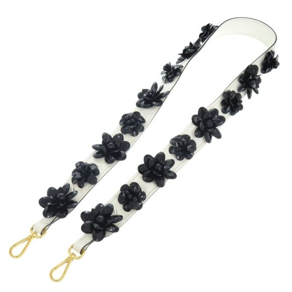 Prada Shoulder Belt White Black Flower Leather Shoulder Strap 1085 main image 9